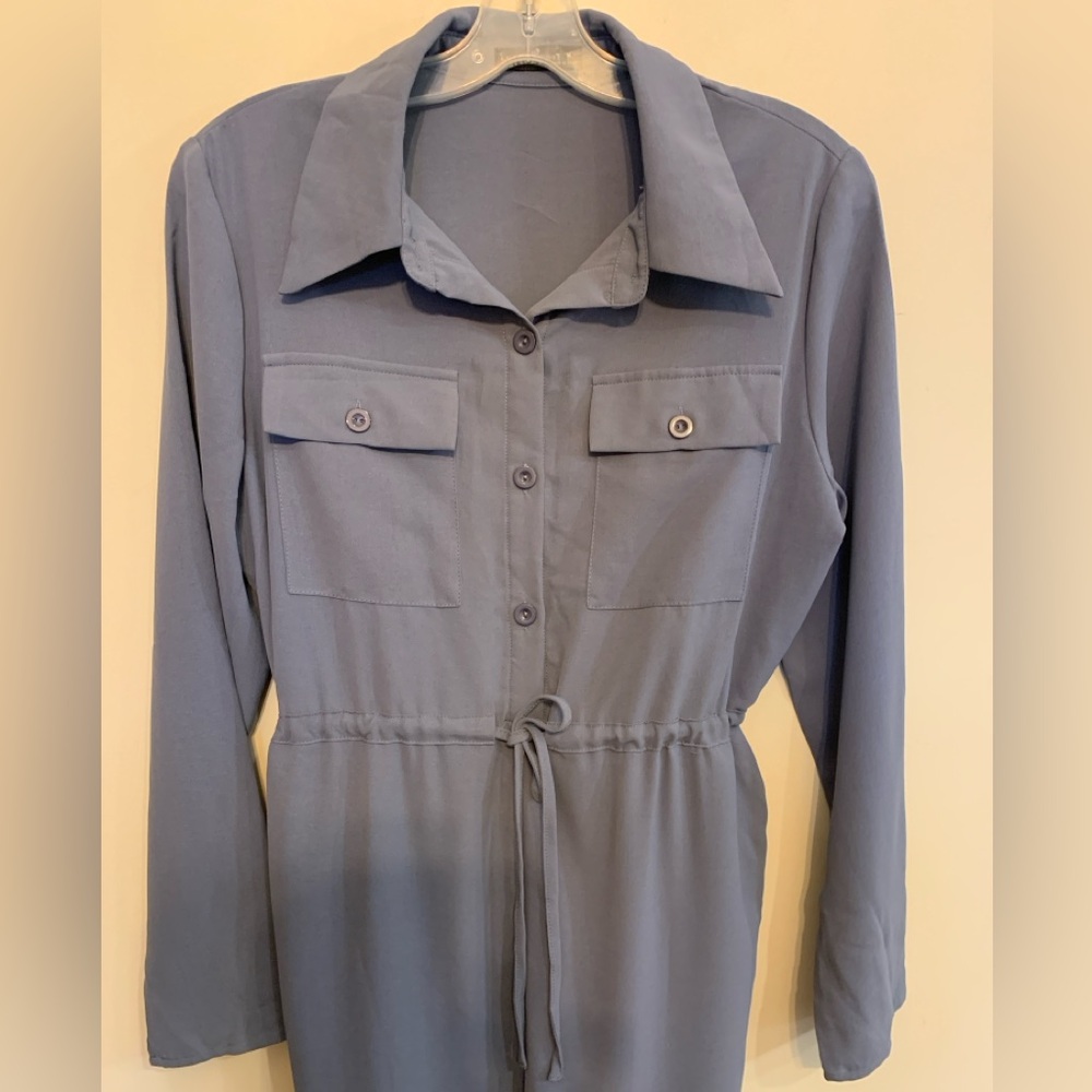 Blue Button Front Drawstring Utility Jumpsuit - Picture 3 of 8